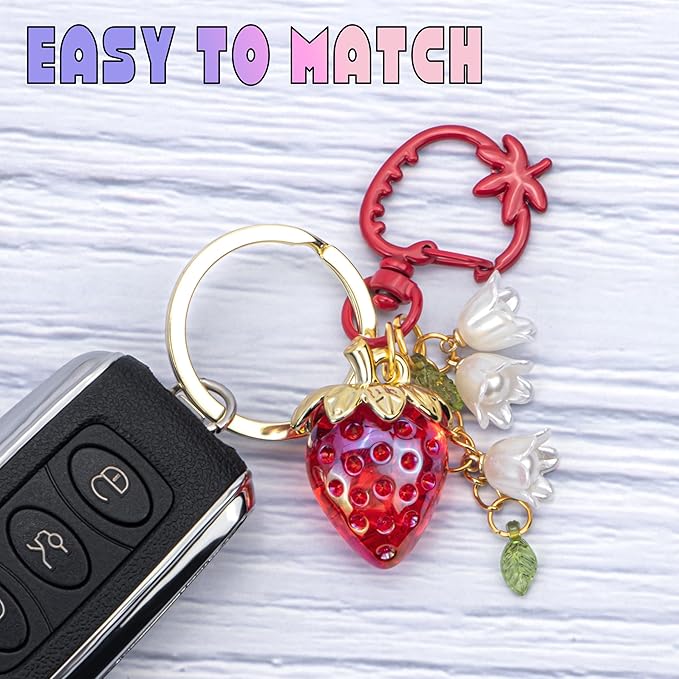 Wikavanli Cute Strawberry Keychain,Bag Charms,Kawaii Heart Flower Daisy Key chains Accessories Decor for Women Girls Purse