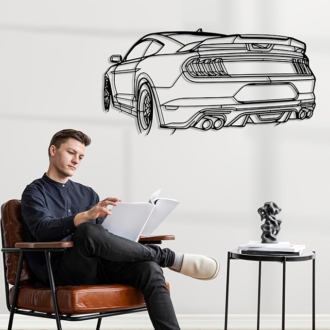 DecoSoul Mustang Metal Car Wall Art, Sports Car, Automotive Silhouette Line Decoration, Minimalist Sculpture for Garage, Indoor Outdoor Wall Hanging, Gift for Boyfriend (Black - 25 x 6.9” inch)