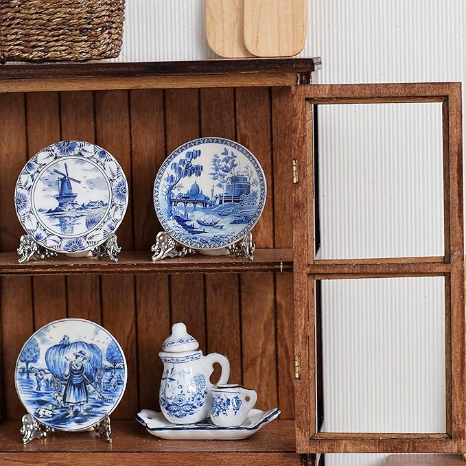 6PCS Handcrafted Miniature Ceramic Plates in 1:12 or 1:6 Scale, Vintage Porcelain Playhouse Dishes (Blue-White B, 4CM)