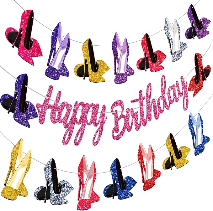 High Heel Theme Banners Rose Gold High Heel Birthday Decorations Girls Birdal Shower Wedding Party Supplies Stiletto Shoes Party Favor Banners for Women Birthday Decor
