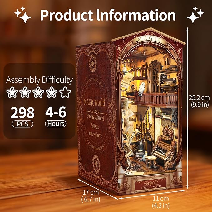 BELEEV Book Nook Kit, DIY Miniature Dollhouse Kit, 3D Wooden Puzzle for Adult and Teens, Booknook Bookshelf Decor Craft with LED Light, Gifts for Women Teens and Puzzle Lovers - Magic World