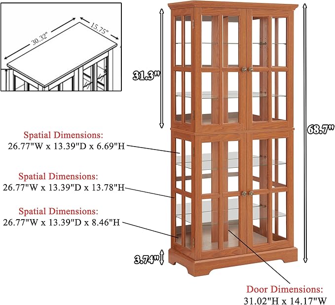 68" H Glass Curio Display Cabinet with Light, 6-Tier Wooden Glass Storage Showcase w/ 4 Doors & Adjustable Shelves, Vintage Accent Cabinet w/Mirrored Back Pane for Home & Office
