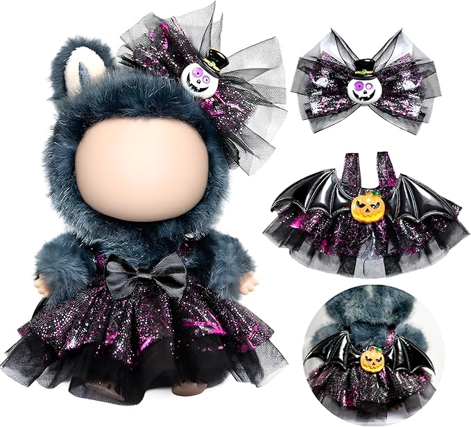 Clothes for LABUBU Doll (NO Doll), 2-Piece Devil Angel Accessories for LABUBU 17cm Dolls, Premium Fashion Outfit for LABUBU Unique Dress Up - Skeleton Hair Clip + Devil Dress with Angel Wings