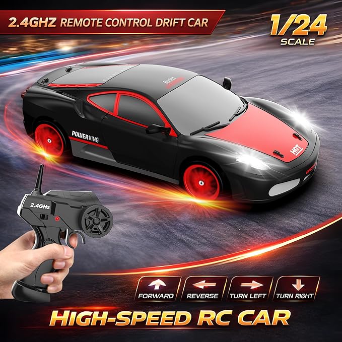 Remote Control Car RC Drift Car 2.4GHz 1:24 Scale 4WD 15KM/H High Speed Model Vehicle with LED Lights Drifting Tire Racing Sport Toy Car for Adults Boys Girls Kids Gift 2Pcs Rechargeable Batteries