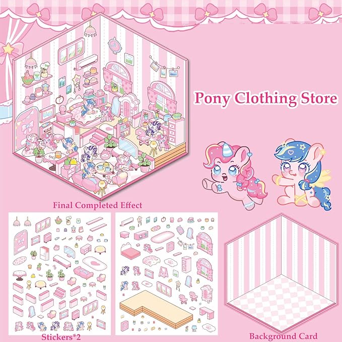 DIY 3D Sticker Scene, Stocking Stuffer, 6 Sets of Cute Miniature Isometric Stickers for Kids Adult Therapy Scenes Sticker Reuseable and Waterproof Stickers for Girl, Holiday & Christmas Fun
