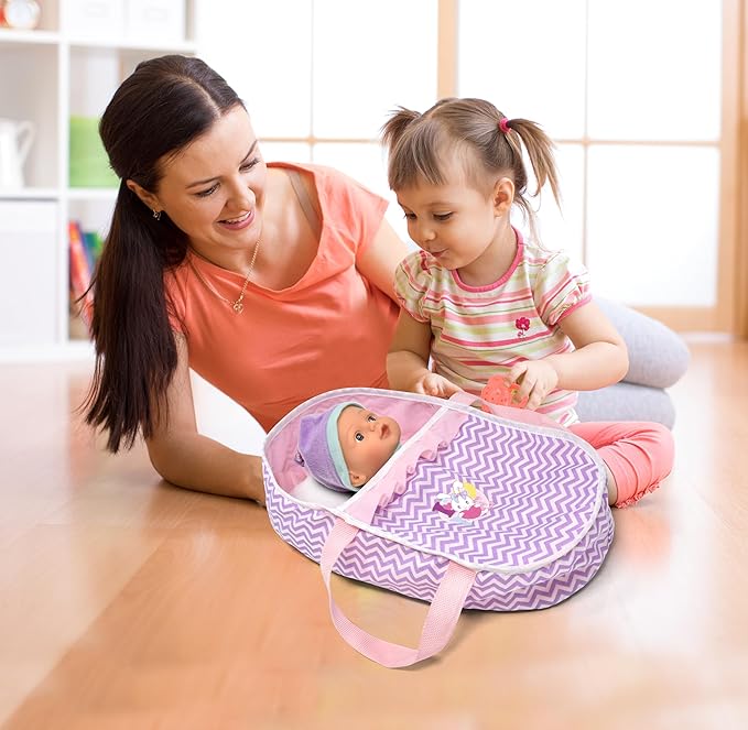 12 Inch Interactive Talking Baby Doll with Bassinet Carrier Bed & Accessories, Doll That Cries Laughs Talks with Pacifier Magic Disappearing Bottle & Take Along Bed with Blanket & Pillow
