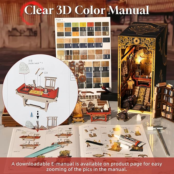 Book Nook Kit, 3D Wooden Puzzle for Teens and Adults, DIY Miniature Dollhouse Booknook Kit Bookend Bookshelf Insert Decor with LED Light (The Emperor’s Study)