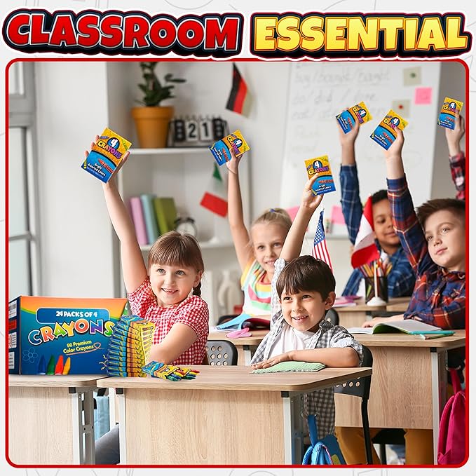 Bedwina Bulk Crayons - 96 Crayons - (Box of 24 Packs) - 4 - Per Pack, Premium Bright Colors for Kids and Toddlers, Non-Toxic for Coloring, Party Favors, Restaurants, Goody Bags, Stocking Stuffers