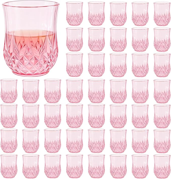 LEYIQU Stemless Wine Glasses, Plastic Reusable Cups Vintage Drinking Glasses Tumblers, Valentine’s Day Gifts for Couples, for Whisky, Beer, Juice, Beverages, Cocktai (48, Pink)
