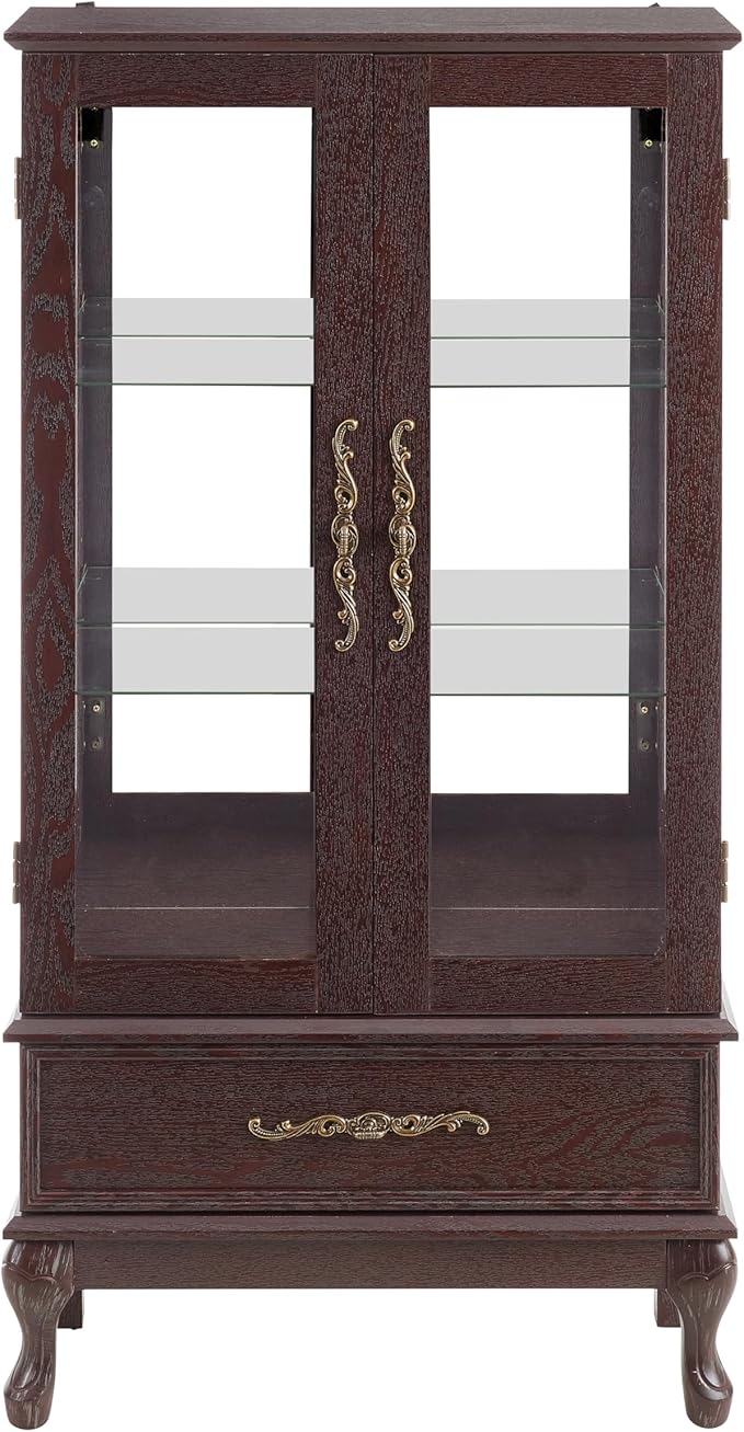 51" H Lighted Curio Display Cabinet with 2 Doors & 1 Drawer, Wooden Glass Curio Showcase w/Adjustable Shelves & Mirrored Back Panel, Storage Cabinet Display Case for Living Room(Dark Cherry)