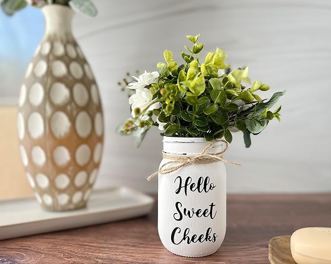 Hello Sweet Cheeks Bathroom Decor, 7" Height, Rustic Farmhouse Funny Bathroom Decor, Shelf Mason Jar Decor, Flower Arrangement for Bathroom Decoration, Pint 16 oz