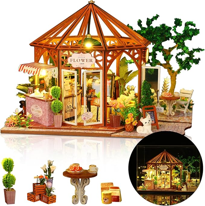 DIY Miniature House Kit, Mini Mocha Coffee Shop Building Set, 3D Wooden Dollhouse with Dustproof Cover, Creative Handmade Home Decoration, Gift for Adults Teens Birthday Christmas