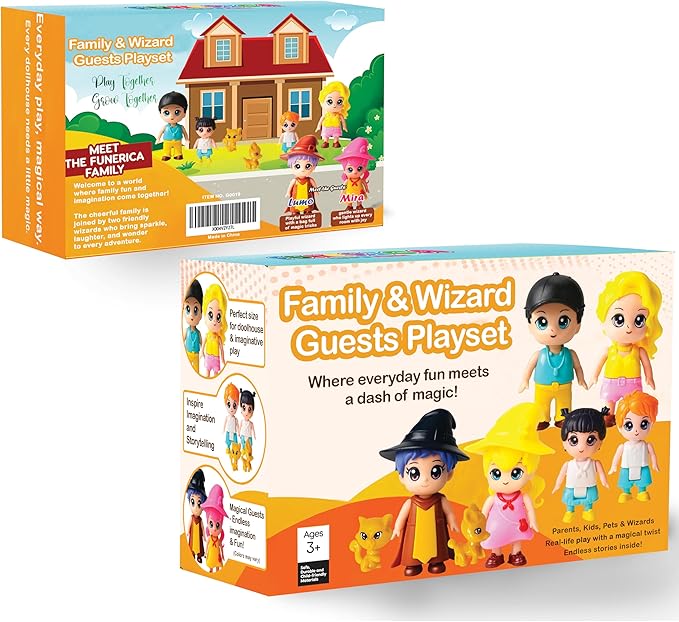 Toy Family People Figures Playset – Dollhouse Figurine Set with Wizard Guests for Imaginative Doll House Play - Features Parents, Kids, Pets & Two Wizards | Pretend Play Storytelling Toy for Kids