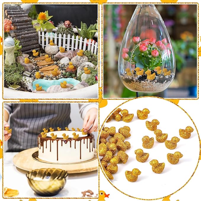 Yaocom 100 Pcs Mini Glitter Golden Duck Statue Bulk Golden Duck Figurines Micro Garden Landscape Dollhouse Cake Decoration Potted Plants DIY Craft Charms for Party Christmas Thanksgiving Gift