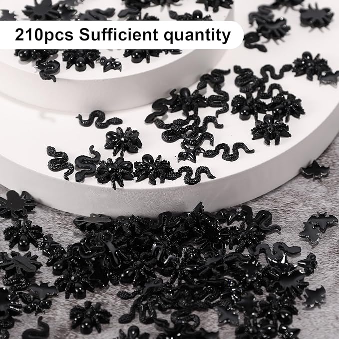210pcs Halloween Mini Resin Creatures, Miniature Bats Snakes Spiders Nail Charms Tiny Animal Little Small Creatures Bulk for DIY Crafts Fairy Garden Micro Landscaping & Party Decorations (Black)