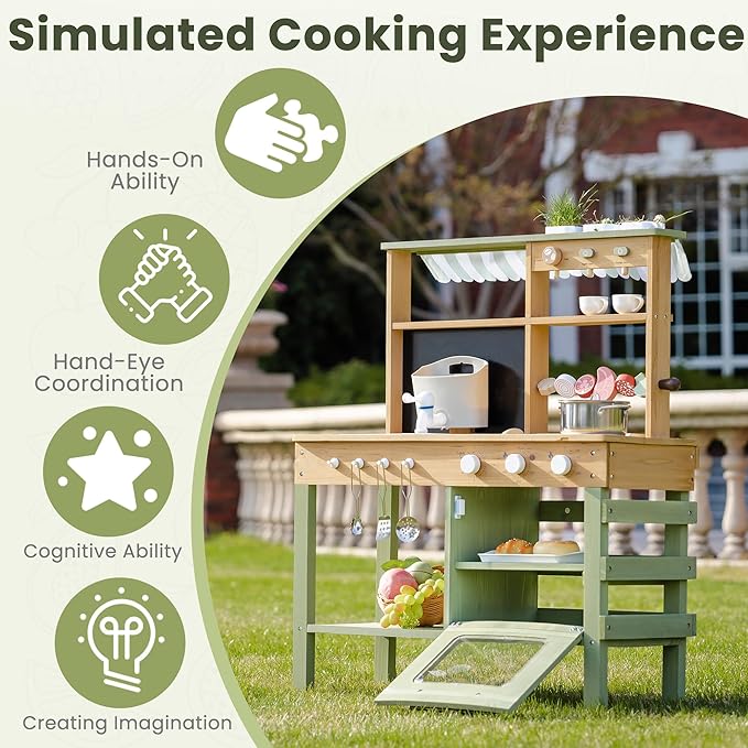 ROBOTIME Mud Kitchen for Kids, Outdoor Wooden Playset with Mud Kitchen, Sink, BBQ Grill, Coffee Maker, Planting Area & Oven, Pretend Play Kitchen for Outdoor Fun Ages 3+
