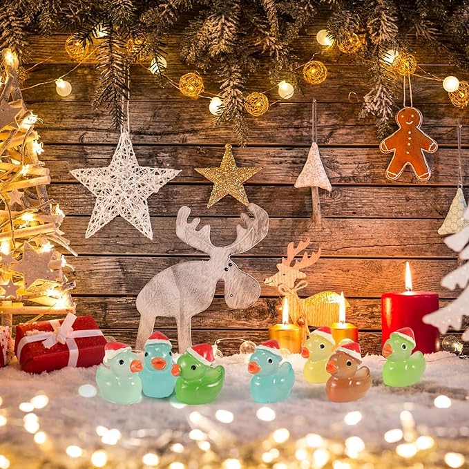 160Pcs Christmas Mini Resin Ducks Luminous Miniature Xmas Hat Animals Glow in The Dark Bulk for Micro Fairy Garden Dollhouse Decor Small Party DIY Slime Kit Prank Game Tiny Figure