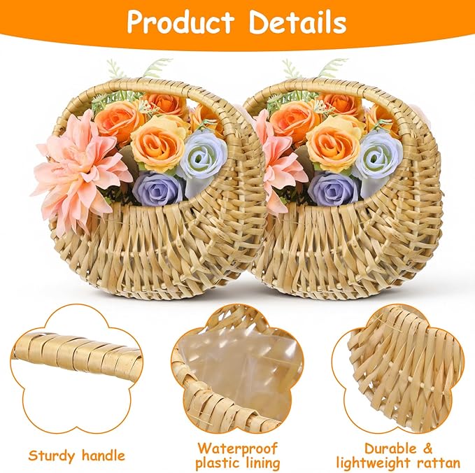 3 Pack Small Flower Girl Baskets with Handles - Mini Rattan Wicker Baskets with Plastic Lining for Wedding Petals, Home Decor, Picnic, Gift, Party Favors (Brown)