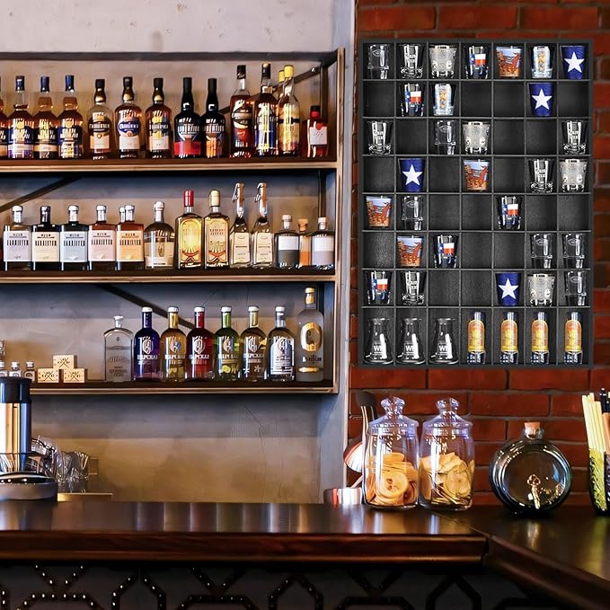 2 Pcs Large Wooden Shot Glass Display Case with Removable Shelves, Wall Mounted Shadow Box, 56 Slots