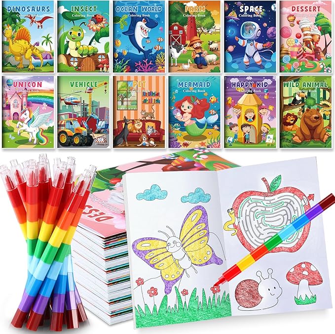 BenLouis Coloring Books for Kids With Stacking Crayons Set Mini Coloring Books Bulk for Ages 4-8-12 Small Activity Books for Birthday Party Gifts Goodie Bags Stuffers Travel（12+12Pcs Colorful）