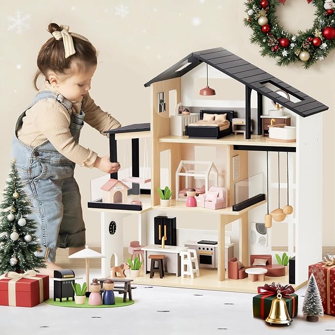 Tiny Land Doll House, Modern Family Dollhouse with Realistic Design, Wooden Dollhouse with 53Pcs Furniture - Ideal Gift for Kids Ages 3+