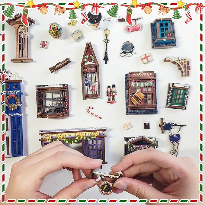 DIY Book Nook kit - Christmas Style Miniature House Kit Bookshelf Insert Decor, 3D Wooden Puzzle with LED Dust Cover, Gift for Adults Teens Birthdays - Christmas Snow Night