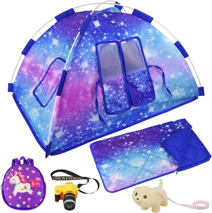 Ecore Fun 5 Items 18 inch Dolls Camping Tent Set and Accessories Including 18 Inch Girl Doll Tent, Sleeping Bag, Backpack, Toy Camera and Dog