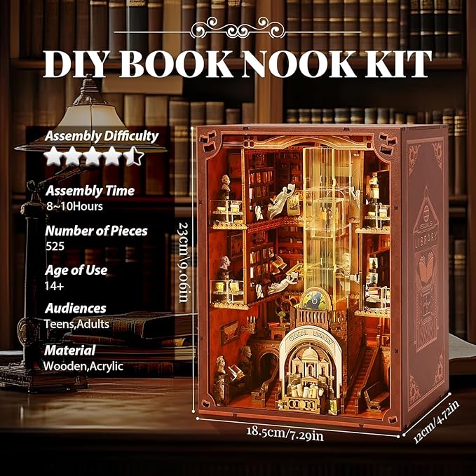 Book Nook Kit for Adults and Teens, 3D Puzzle Booknook Bookshelf Decor with LED Light, Dual Power Options (Battery/Type-C), Perfect Miniature Dollhouse Gift (Global Library)