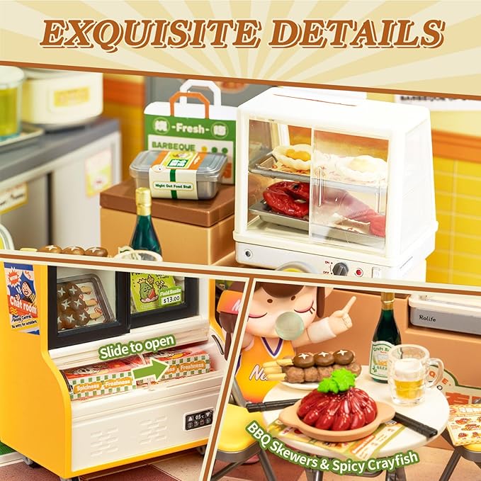 Rolife Super Creator DIY Miniature Plastic House Building Set Playset with LED, Suitable for Mini Figures Construction Toys Diorama Kit Gifts for Teens Adults (Night Out Food Stall)