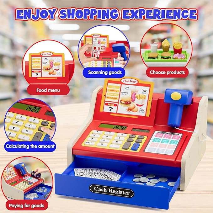 Wee Wonders Wooden Cash Register for Kids with Real Calculator, Rechargeable Cash Register Toy with Scanner/Play Money/Food/Credit Card/Menu, Pretend Play Toys Gifts for Boys Girls Ages 3-8, Blue