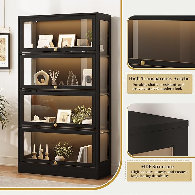 Display Cabinet with Acrylic Glass Doors,4-Tiers Curio Cabinet with LED Lighting for Collectibles, Collectibles Toy Organizers Rack & Display Shelf Display Case Storage Cabinet, Black
