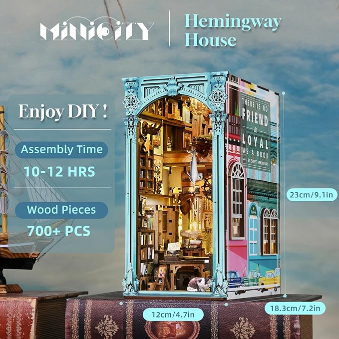 MiniCity Book Nook Kit, DIY Miniature Dollhouse Booknook Kit, 3D Wooden Puzzle Bookend Bookshelf Insert Decor with LED Light for Teens and Adults(Hemingway House)