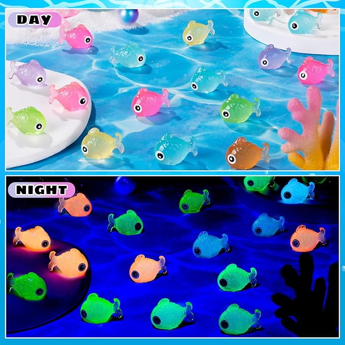 LHSYFBZ 48Pcs Luminous Mini Resin Fish, Miniature Glow in The Dark Fish Ornament for Garden, Landscape, Aquarium, Dollhouse, Birthday Party, Room Crafts Decor