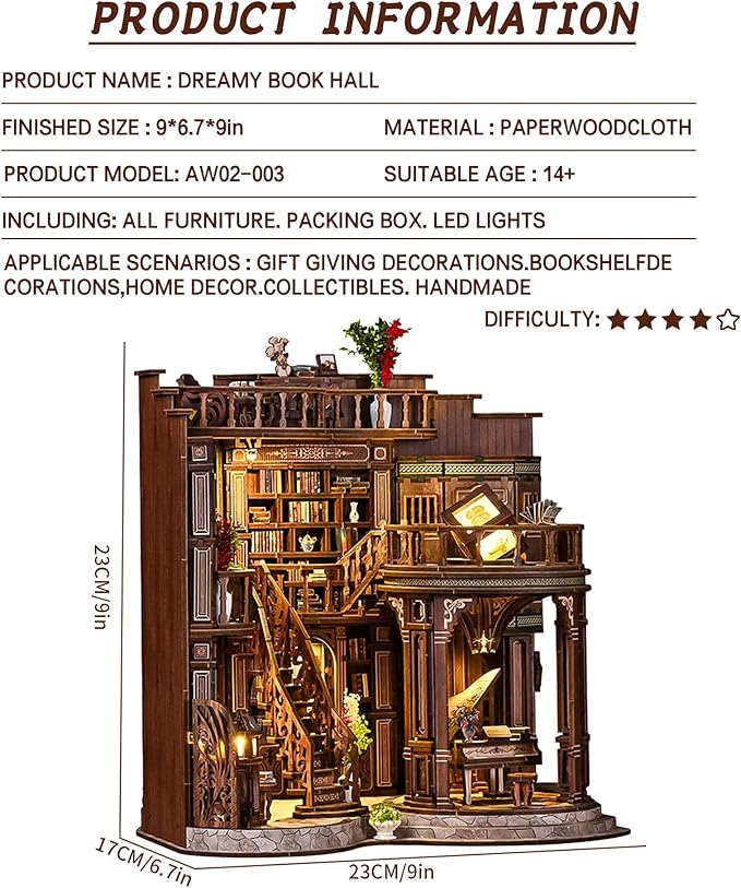 Spilay DIY Book Nook Kits for Adults,Dreamy Book Hall Book Nook Kit with LED Light,3D Wooden Puzzle DIY Miniature Dollhouse Kit,Creative Bookshelf Decor&Unique Gift for Teens&Book Lovers