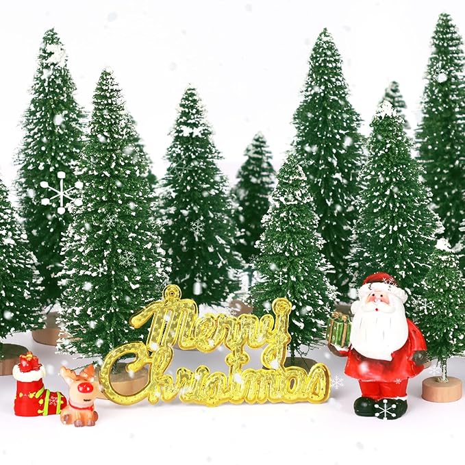 30Pcs Mini Christmas Tree Decor, Artificial Christmas Tree 5 Sizes,Mini Sisal Snow Frost Trees with Wooden Base for Christmas Decor Christmas Party Home Table Craft Decorations (B/Green)