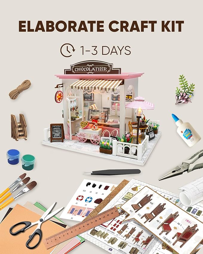 Miniature House Kit, Miniature Dollhouse for Beginners, DIY Dollhouse Kit for Adults to Build, Model Building Craft Diorama Kit, Ideal Gifts for Birthday, Christmas(Chocolate Shop)