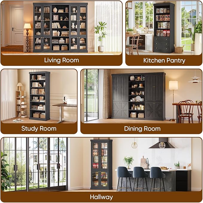 70.8" Tall Farmhouse Bookshelf, Modular Bookcase with Glass Doors, 6-Tier Adjustable Shelves, Large Storage Cabinet for Kitchen, Living Room, Black, Set of 3