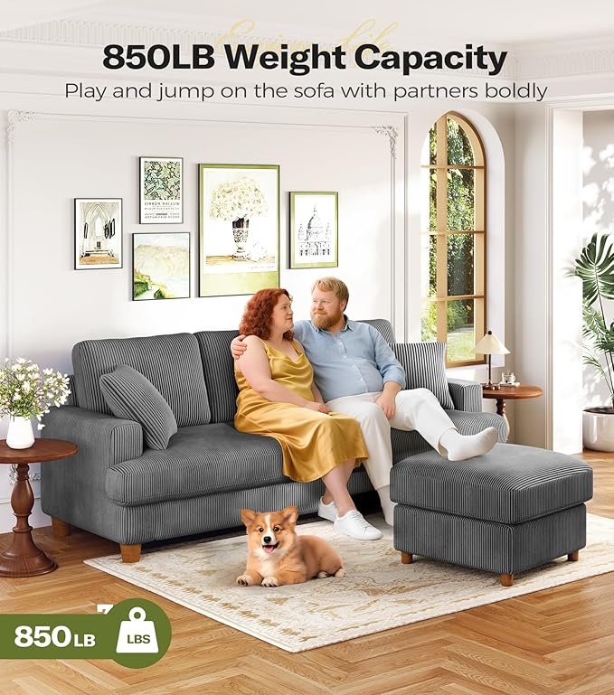 Kidirect 87in Corduroy Couch, Sofa No Tool Assembly, Comfy Couches for Living Room 21in Deeper Seats, Corduroy Sofas for Living Room with 2 Pillows, Oversized Loveseat Sofa, Boho Love Seat Grey Couch