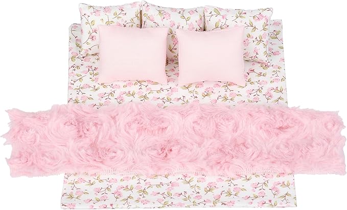 7 Piece Dollhouse Bedding Set, Comforter Blanket, Pillows and Bed Runner, 1/12 Scale Dolls Bed Linen (Pink Set)