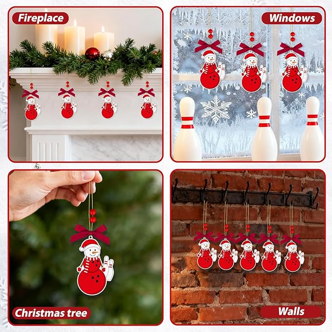 4.3 Inches Snowman Bowling Christmas Ornament, Wooden Bowling Snowman Tree Ornament Hanging Decoration for Rearview Mirror, Window, Eaves, Fireplace and Home Holiday Party Decor