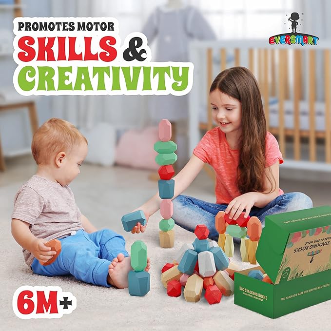 36 Pcs Wooden Stacking Blocks – Montessori Toys for 1 2 3 4 5 6 Year Old Toddlers and Kids, XL Rocks, No Choking Hazard – Sensory STEM Building Stones, for Girls and Boys