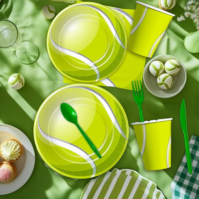 Xenorik Tennis Party Decorations Tableware for Birthday Baby Shower, Sports Ball Theme Tennis Birthday Party Supplies, Paper Plate, Cup, Napkin, Tablecloth, Disposable Cutlery, Serves 24