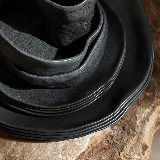 Stone by Mercer Project Atik Modern Stoneware 32-Piece Dinnerware Set, Plate and Bowl Set, Dish set for 8, Charcoal Black Speckled