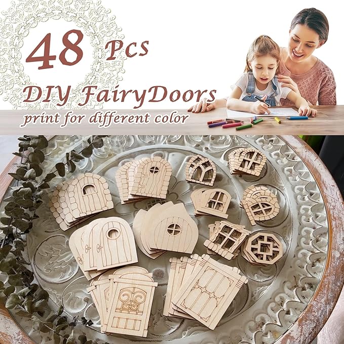 Halandar 48 Pcs Fairy Door & Window Craft Kit - Wooden Garden Doors, Unpainted Miniature Accessories for Home Party Event Decor - DIY Fairy House Decorations (Antique)