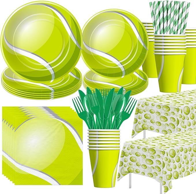 Xenorik Tennis Party Decorations Tableware for Birthday Baby Shower, Sports Ball Theme Tennis Birthday Party Supplies, Paper Plate, Cup, Napkin, Tablecloth, Disposable Cutlery, Serves 24