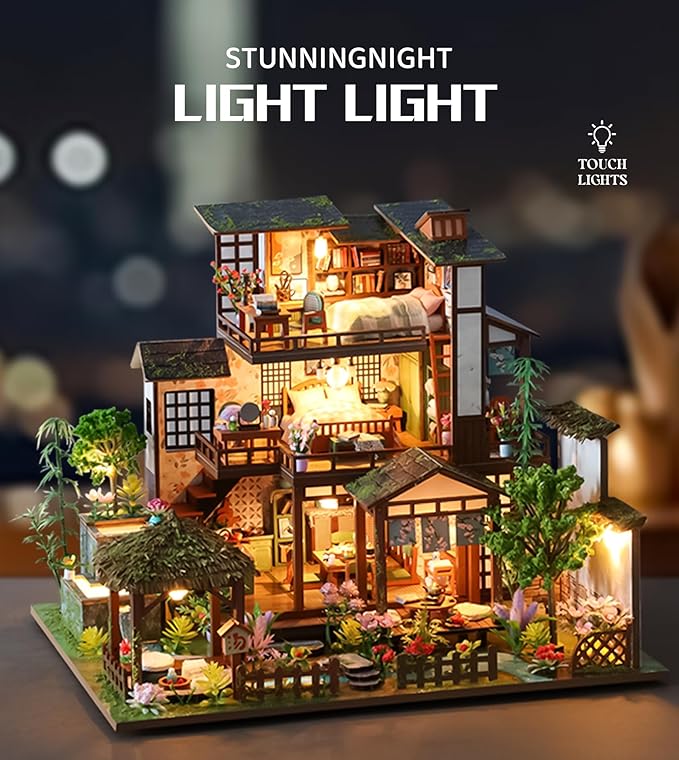 Spilay Miniature Dollhouse Miniature House Kit, DIY Kit Mini Modern Villa Model with Music Box, Best Christmas Birthday Gift.(Bamboo Spring Courtyard)