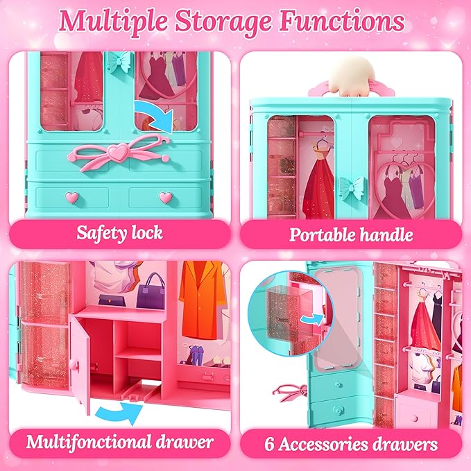 Style Shine 70 Pcs Doll Closet with Clothes & Accessories Set,2 Wedding Gowns 6 Fashion Dresses 2 Casual Outfits 2 Swimsuit 10 Shoes 20 Hanger 27 Accessories,Dress up Toys for Girls Kids Birthday Gift