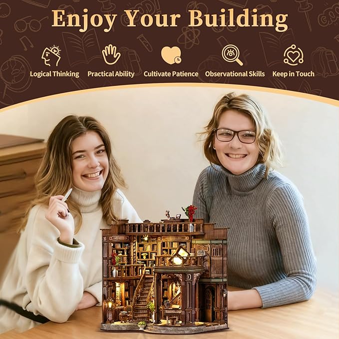 Hallisun DIY Miniature House Kit, Mini 3D Wooden Dreamy Book Hall Building Kit with Furniture and LED, Tiny Diorama Dollhouse Model Set, Handmade House Craft Birthday for Adults Teens