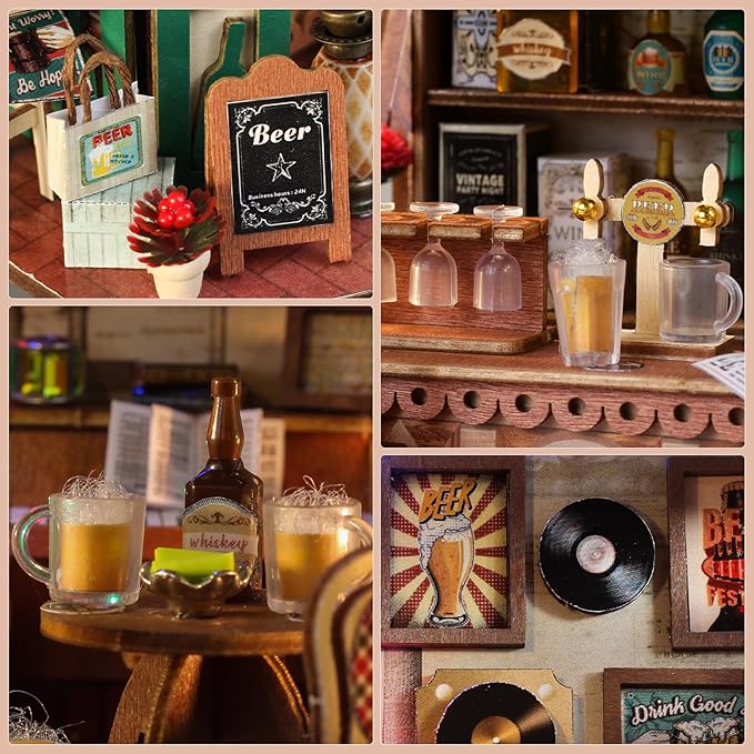 Miniature House Kit, DIY Miniature Dollhouse Kit, Mini House Building Kits with LED, Unique Gift for Birthday Christmas Day, Beer Bar