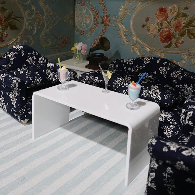 Dollhouse Furniture End Table 1:12 Scale Miniature Acrylic Tea Coffee Table Modern Waterfall Minimalist Style Accessories Mini Rectangle Ornament Decor Life Scene (White)